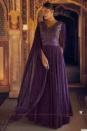 Violet viscos simmer jacquard silk embroidered gown