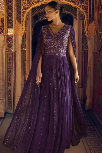 Violet viscos simmer jacquard silk embroidered gown