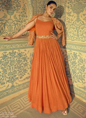 Orange viscos simmer jacquard silk embroidered gown 1