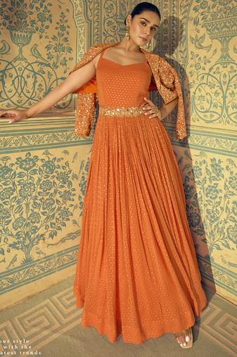 Orange viscos simmer jacquard silk embroidered gown