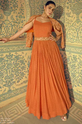 Orange viscos simmer jacquard silk embroidered gown