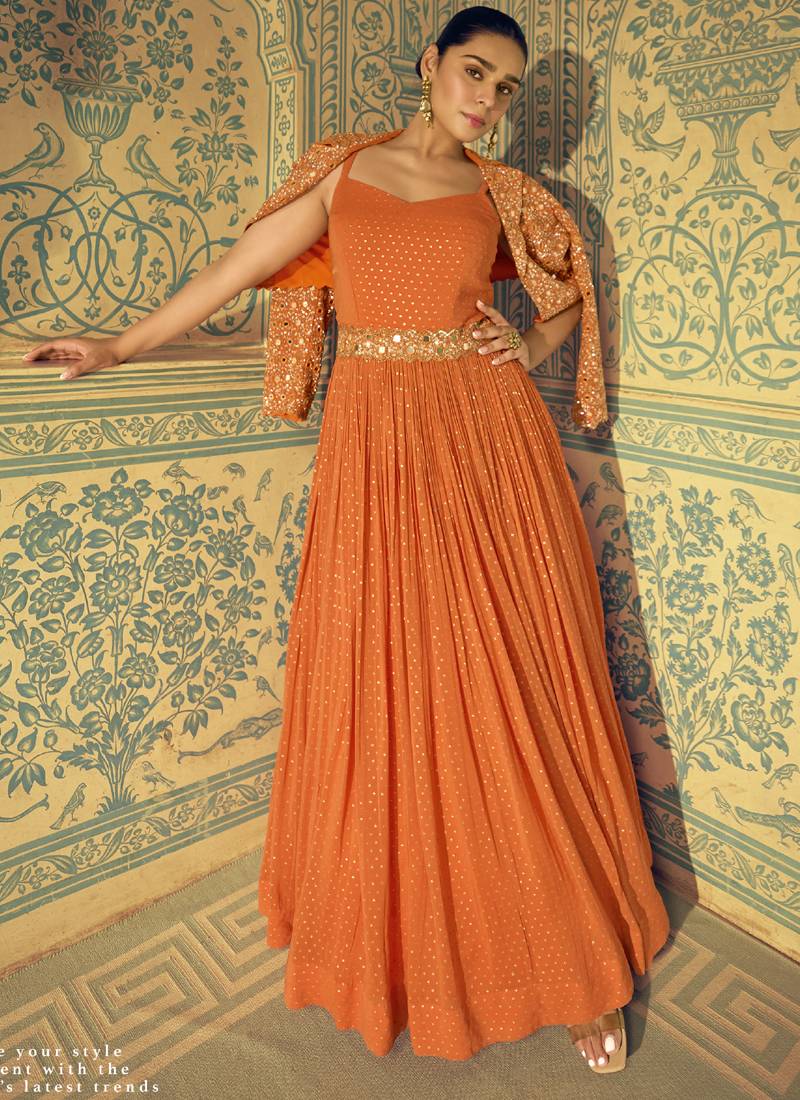 Orange viscos simmer jacquard silk embroidered gown
