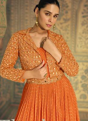Orange viscos simmer jacquard silk embroidered gown 2