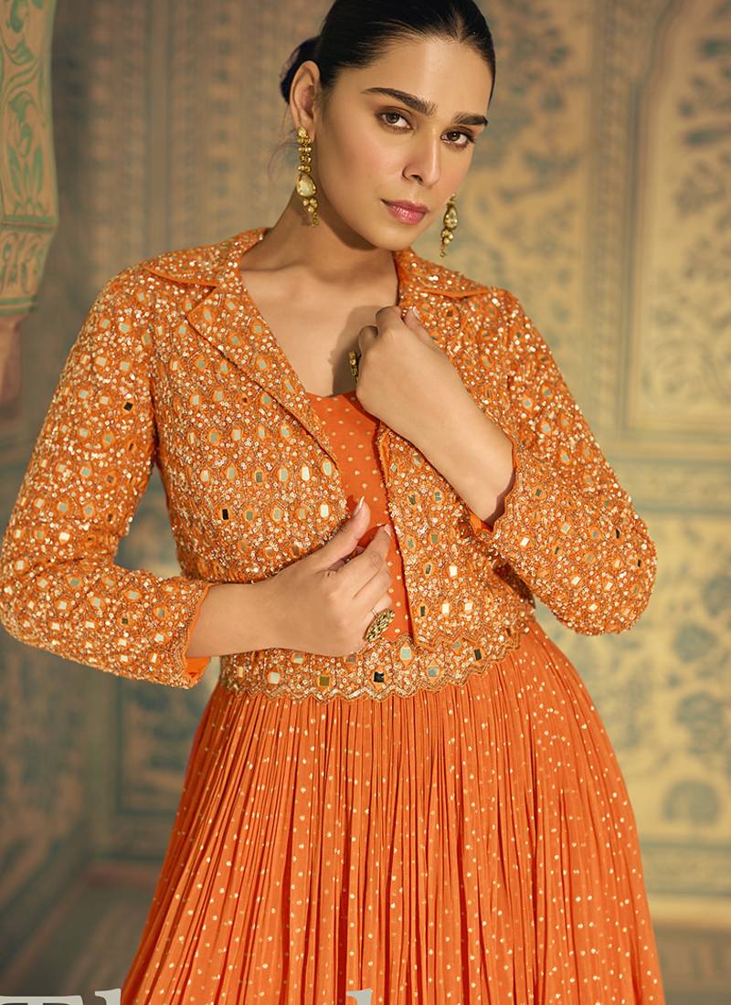 Orange viscos simmer jacquard silk embroidered gown