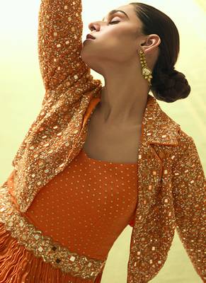 Orange viscos simmer jacquard silk embroidered gown 3