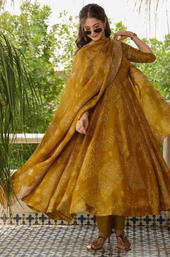 Goldenhour Bandhej Print Cotton Suit Set with Embroidery Work & Matching Dupatta