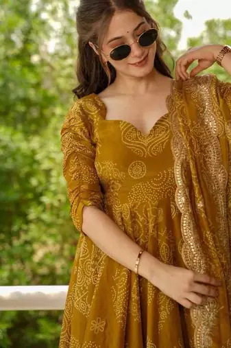 Goldenhour Bandhej Print Cotton Suit Set with Embroidery Work & Matching Dupatta
