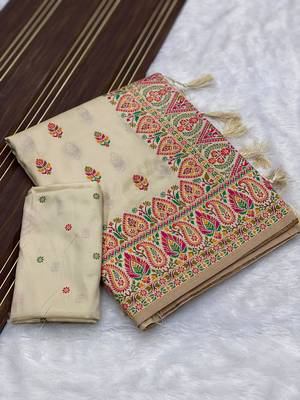 Cream Color Premium Pashmina Silk Saree 3