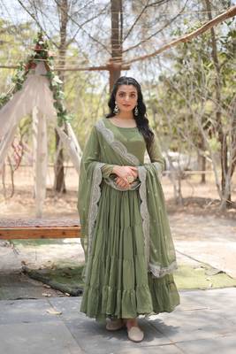 Faux Georgette Sequence Embroidered Readymade Gown with Dupatta Designer Festive & Wedding Wear 1