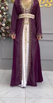  Purple & White Moroccan Embroidered Stitched Kaftan with Belt     Party & Occasion Wear 1