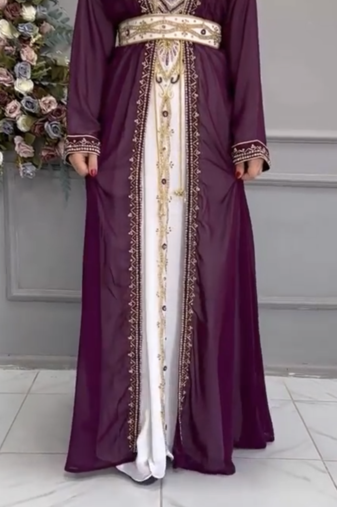  Purple & White Moroccan Embroidered Stitched Kaftan with Belt     Party & Occasion Wear