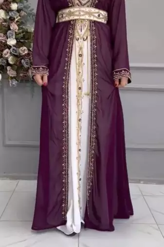  Purple & White Moroccan Embroidered Stitched Kaftan with Belt     Party & Occasion Wear