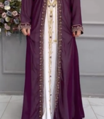  Purple & White Moroccan Embroidered Stitched Kaftan with Belt     Party & Occasion Wear
