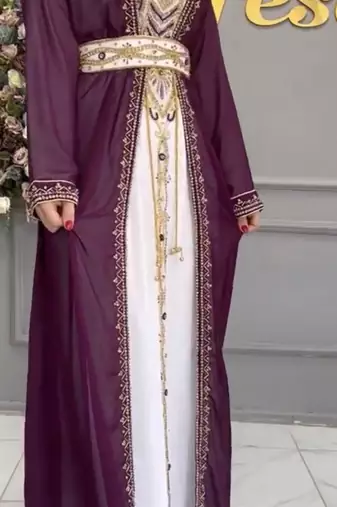  Purple & White Moroccan Embroidered Stitched Kaftan with Belt     Party & Occasion Wear
