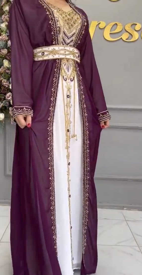  Purple & White Moroccan Embroidered Stitched Kaftan with Belt     Party & Occasion Wear