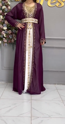  Purple & White Moroccan Embroidered Stitched Kaftan with Belt     Party & Occasion Wear 3