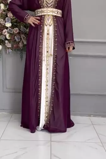  Purple & White Moroccan Embroidered Stitched Kaftan with Belt     Party & Occasion Wear