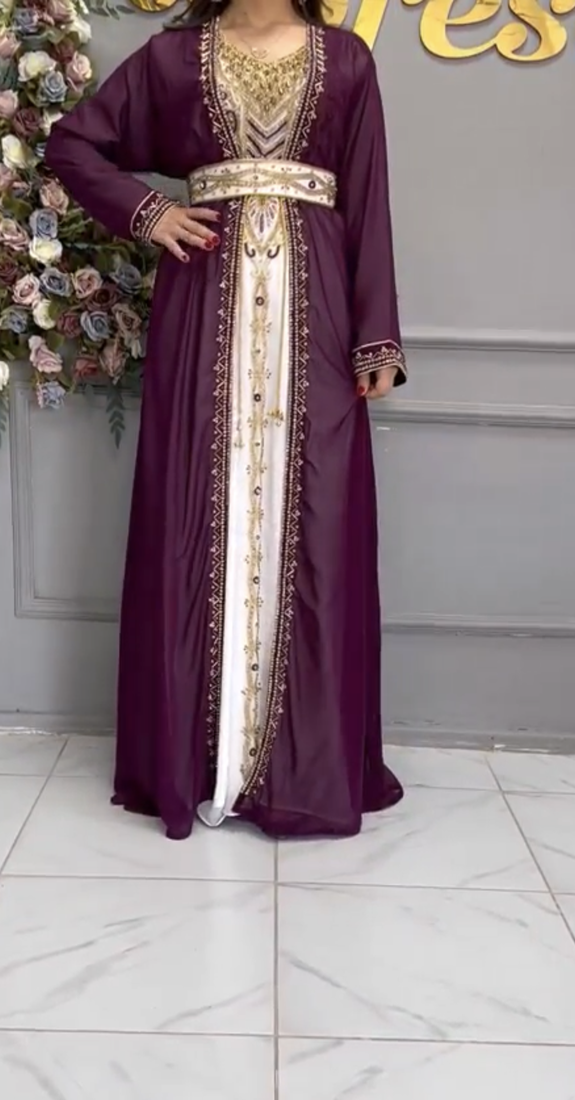  Purple & White Moroccan Embroidered Stitched Kaftan with Belt     Party & Occasion Wear
