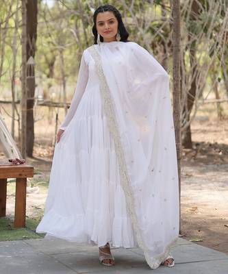 Faux Georgette Sequence Embroidered Readymade Gown with Dupatta Festive & Occasion Wear 1