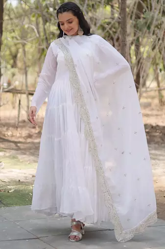 Faux Georgette Sequence Embroidered Readymade Gown with Dupatta Festive & Occasion Wear