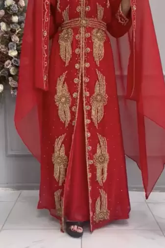  Red Designer Stitched Kaftan with Heavy Handwork Golden Hand Embroidery & Matching Belt