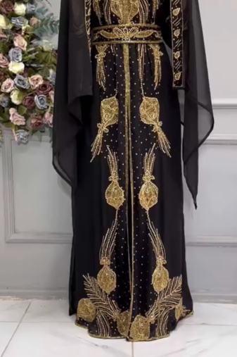Royal Black Designer Stitched Kaftan with Heavy Handwork Golden Hand Embroidery & Belt
