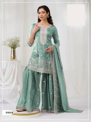 Aqua blue crush georgette Embroidered Salwar suit-Full Stitched Free size 1