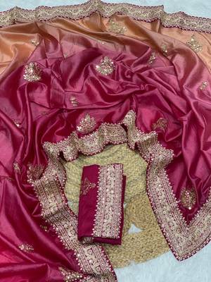 rani pink color wedding wear gold silk blend crush saree 1