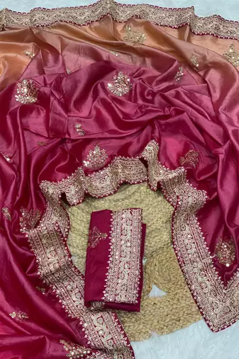 rani pink color wedding wear gold silk blend crush saree