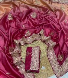 rani pink color wedding wear gold silk blend crush saree