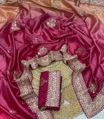 rani pink color wedding wear gold silk blend crush saree