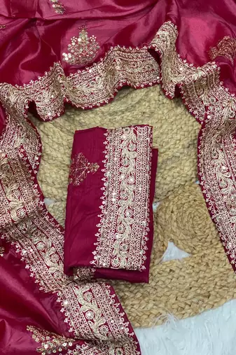 rani pink color wedding wear gold silk blend crush saree