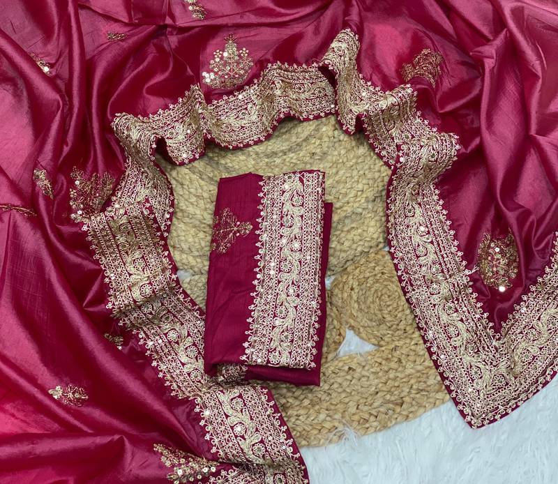 rani pink color wedding wear gold silk blend crush saree
