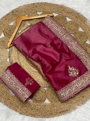 rani pink color wedding wear gold silk blend crush saree 3