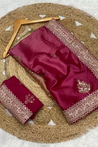 rani pink color wedding wear gold silk blend crush saree