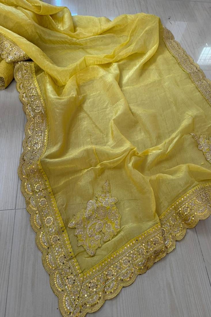 Yellow Color Wedding Wear Gold Silk Crush Saree