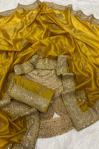 Mustered Yellow Color Wedding Wear Gold Silk Crush Saree