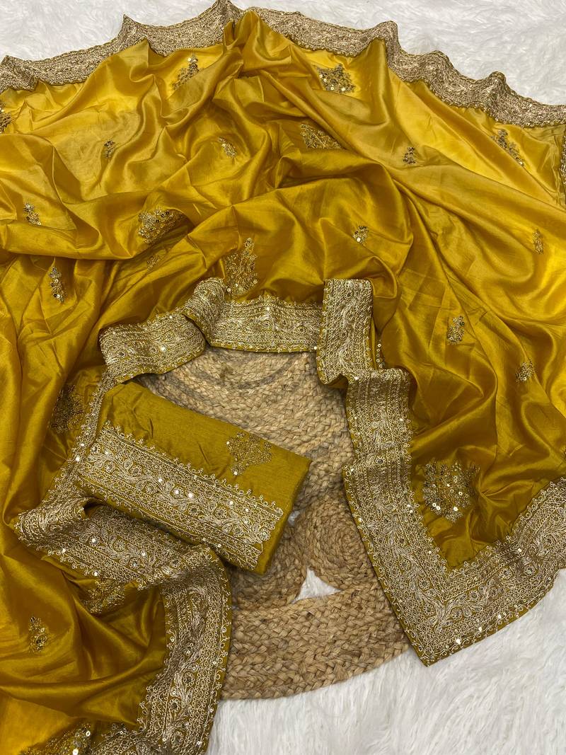 Mustered Yellow Color Wedding Wear Gold Silk Crush Saree