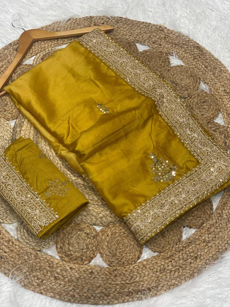 Mustered Yellow Color Wedding Wear Gold Silk Crush Saree