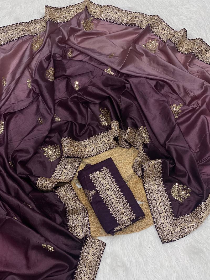 Plum Color Wedding Wear Gold Silk Crush Saree