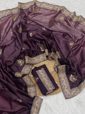 Plum Color Wedding Wear Gold Silk Crush Saree 1