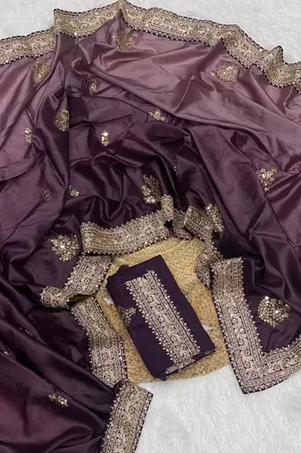 Plum Color Wedding Wear Gold Silk Crush Saree
