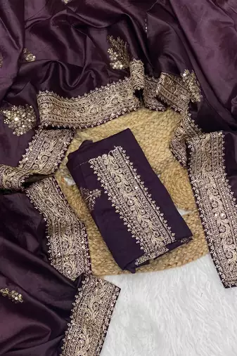 Plum Color Wedding Wear Gold Silk Crush Saree