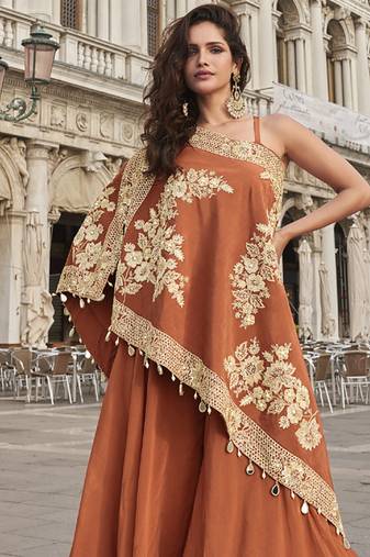 Orange crepe silk embroidered western Palazzo with blouse