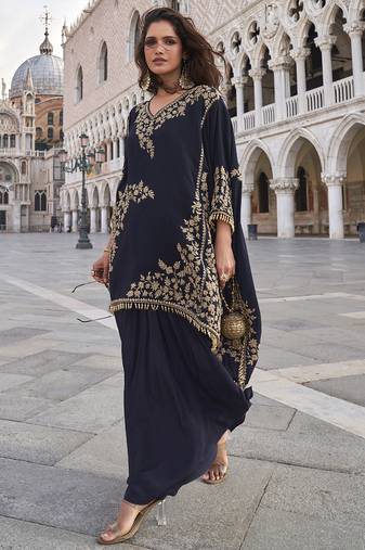 Blue crepe silk embroidered western Palazzo suit