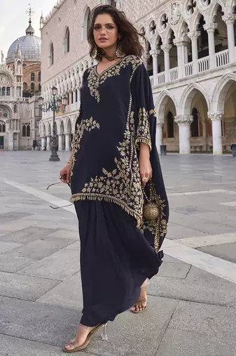 Blue crepe silk embroidered western Palazzo suit