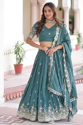 Rama Vichitra Silk With Heavy Sequins & Thread Embroidered work Wedding Lehenga Choli