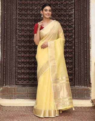 Ligth yellow plan cotton saree casual wear saree with blouse 1