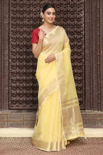 Ligth yellow plan cotton saree casual wear saree with blouse
