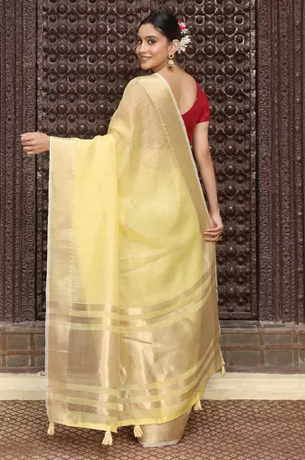 Ligth yellow plan cotton saree casual wear saree with blouse